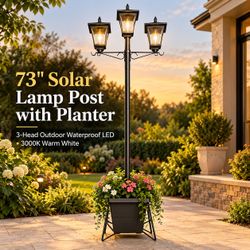 76” Solar Lamp Post with Planter – 3-Head Outdoor Waterproof LED Light