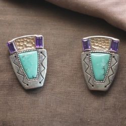 Sterling Silver, Turquoise, Amethyst and 14K Gold Post Earrings by Carolyn pollack 
