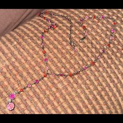 Vintage Silver Plated Pink Crystal Glass Bezel Y Necklace