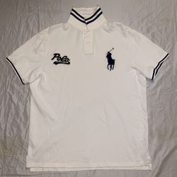 RARE! VTG Polo Ralph Lauren Big Pony Script Polo Shirt - White/Navy (Size XL)