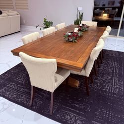 Farmhouse Solid Wood Dining Table Set w/ 8 Chairs – Expandable 96” Pedestal Table