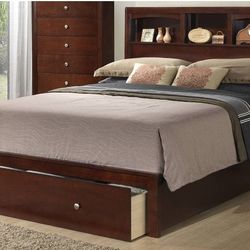 Queen bed with the bookcase headboard and storage
