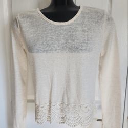 Rue21 Sz S Beige Yvory Crochet Lace Trim Knit Top Shirt Blouse Long Sleeves 