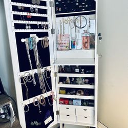 White Jewelry Armoire with Lockable,Full Length Mirror Jewelry Organizer Armoire,Floor Standing Mirror with Storage Shelves for Bedroom $70