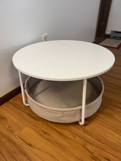 Round Coffee Table With Storage - Modern Center Table With Fabric Basket And Metal Frame, For Living Room, Matte White And Camel Brown