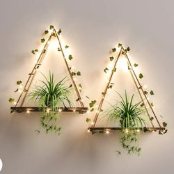 
RICHER HOUSE Artificial Ivy LED-Strip Wall Hanging Shelves Set of 2, Macrame Shelf for Bedroom Bathroom Living Room Kitchen, Wood Hanging Plant Shelv