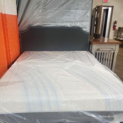 Queen Dark Gray  Light Gray And Beige  Fabric Bed With Nailheads (New In A Box)