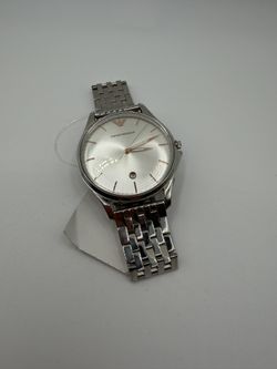 New/Unworn Emporio Armani Renato Men's Dress Watch, Silver Sunray Dial, Stainless Steel Bracelet