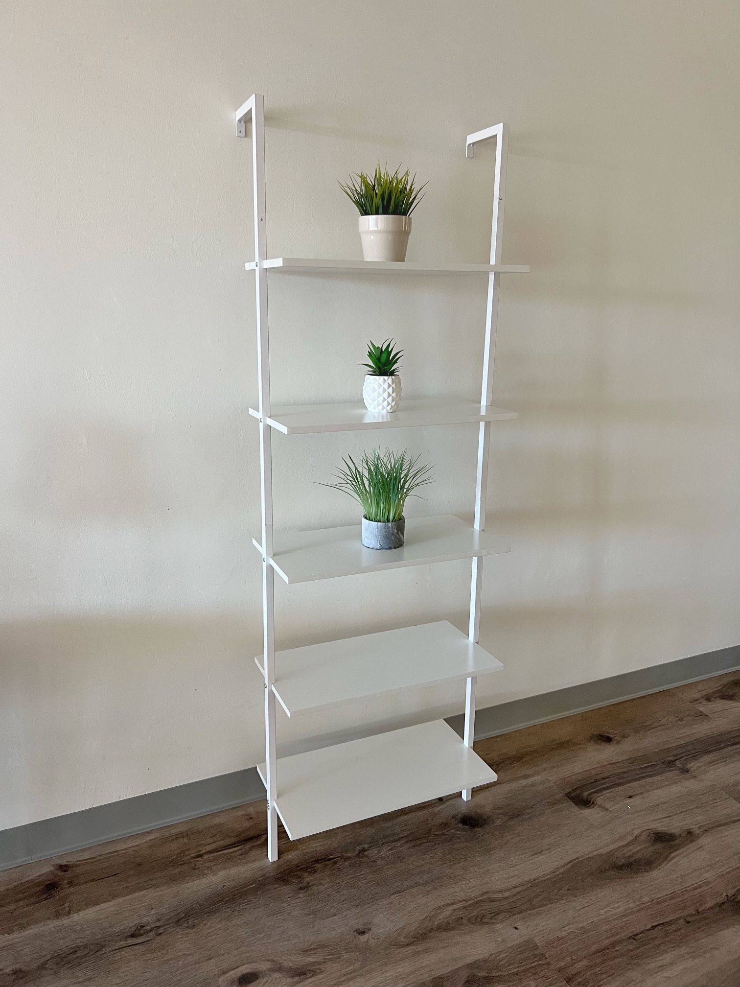 White Ladder Bookshelf, 5-Shelf, Wall Mounted