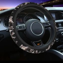 Cute Siberian Husky Puppies Steering Wheel Cover Black 