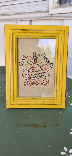 Hand Stitched Folk Art Give Thanks Embroidery 🦃