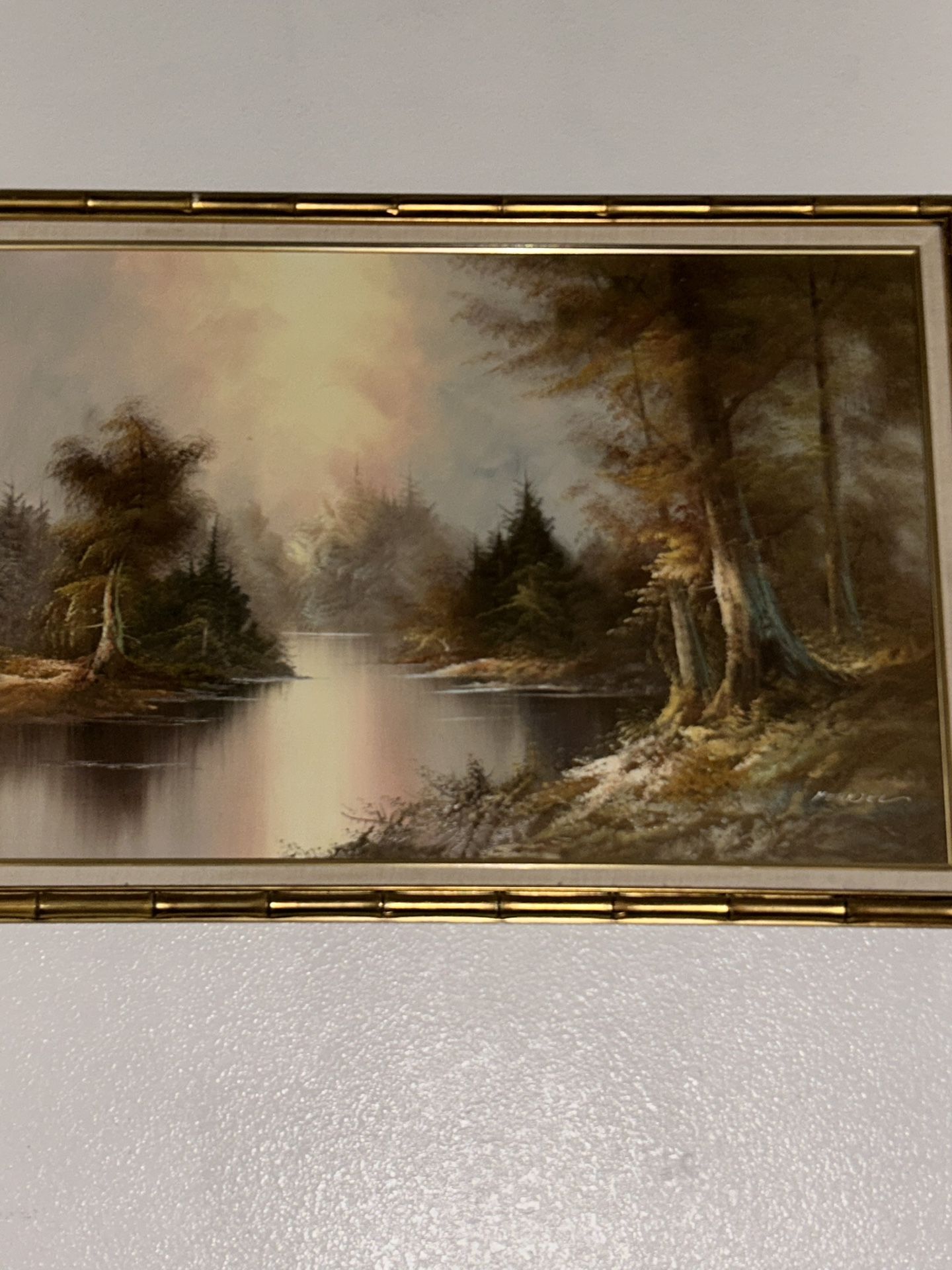 Forest lake River Woodland Oil Vintage Painting
