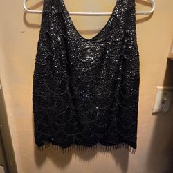 Vintage Black Wool Sequins and Beaded Sleeveless Top Sz S