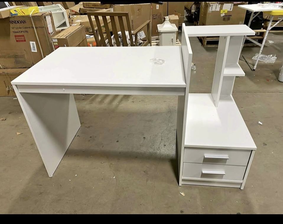 Assembled New White Desk with 2 Storage Drawers & Bookshelf, Home Office Desk with Corner Bookshelf