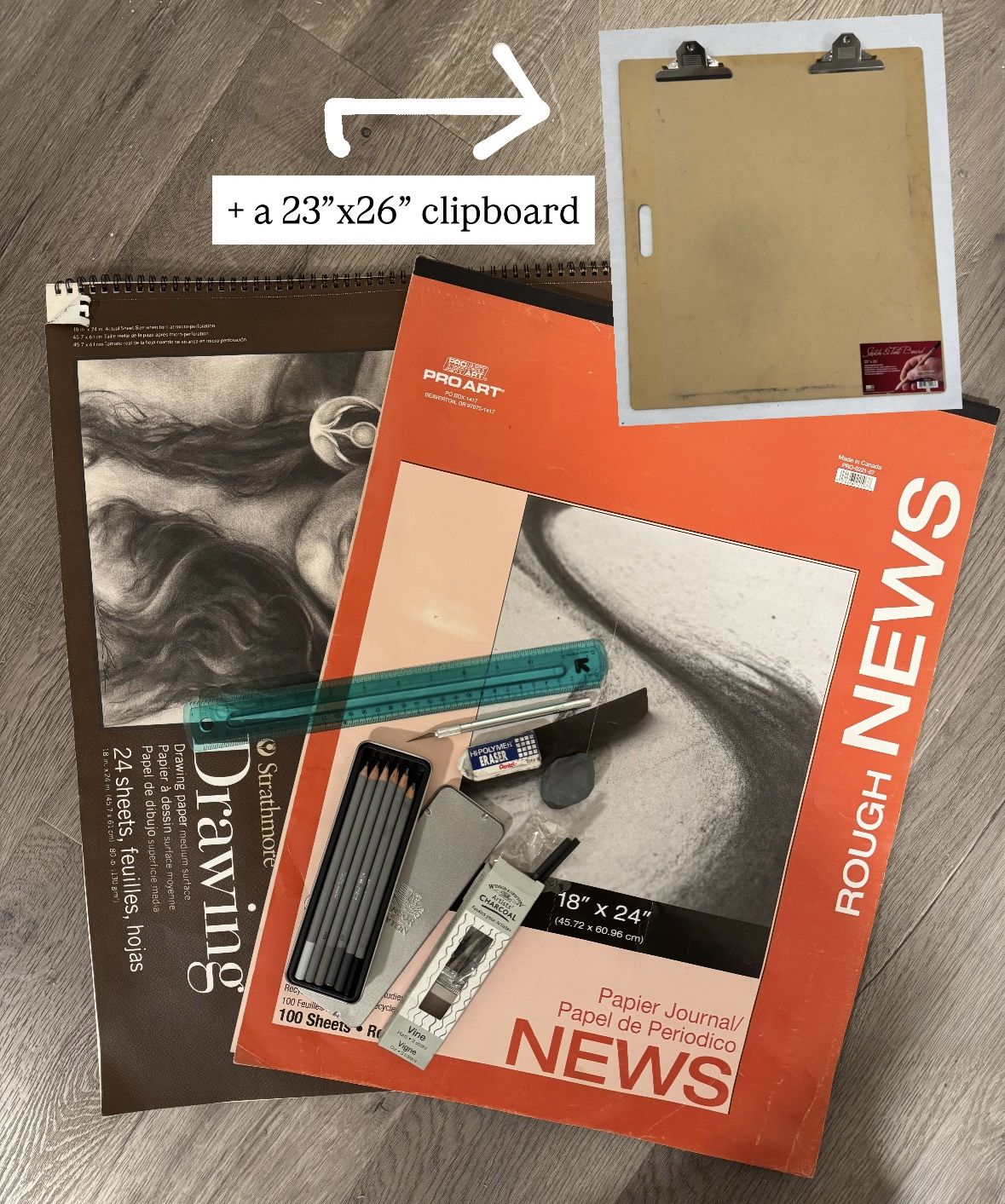 Large Lot of Art Supplies (Newsprint & Drawing Paper, Sketch Clipboard, Graphite Pencils, Vine Charcoal, etc.)