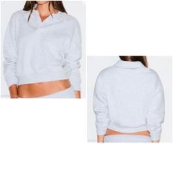 SKIMS Cotton Fleece Long Sleeve Henley / Polo Heather Grey Wn's Size Medium M