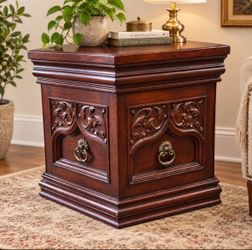 Vintage Carved Wooden Hexagonal End Table