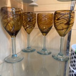 Set of 4 Vintage Hand Blown Amber Glitter Swirl Wine/Water Glasses