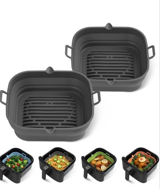 2 Pack] Silicone Air Fryer Liners Square - Reusable Airfryer Basket - Easy to Clean Air Fryers Pot for 5.8 to 8 Qt Large Air Fryer Baking Tray Oven Ac