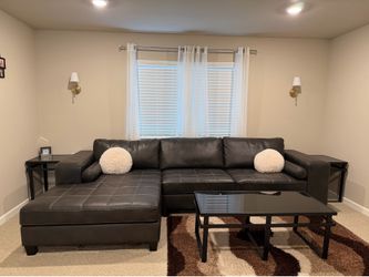 Modern Black Leather Sectional Sofa + Coffee Table + 2 Side Tables