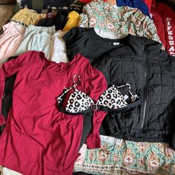 Women’s Medium Mixed 19pc Lot Coat Jacket Hoodie Dresses Pjs Skirts Blouses  To include: Love Tree packable coat Adidas Golf jacket  Hanes graphic hum