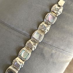 Vintage Mexican Aztec/ Mayan Carved Abalone Faces Panel Bracelet Sterling silver or alpaca silver