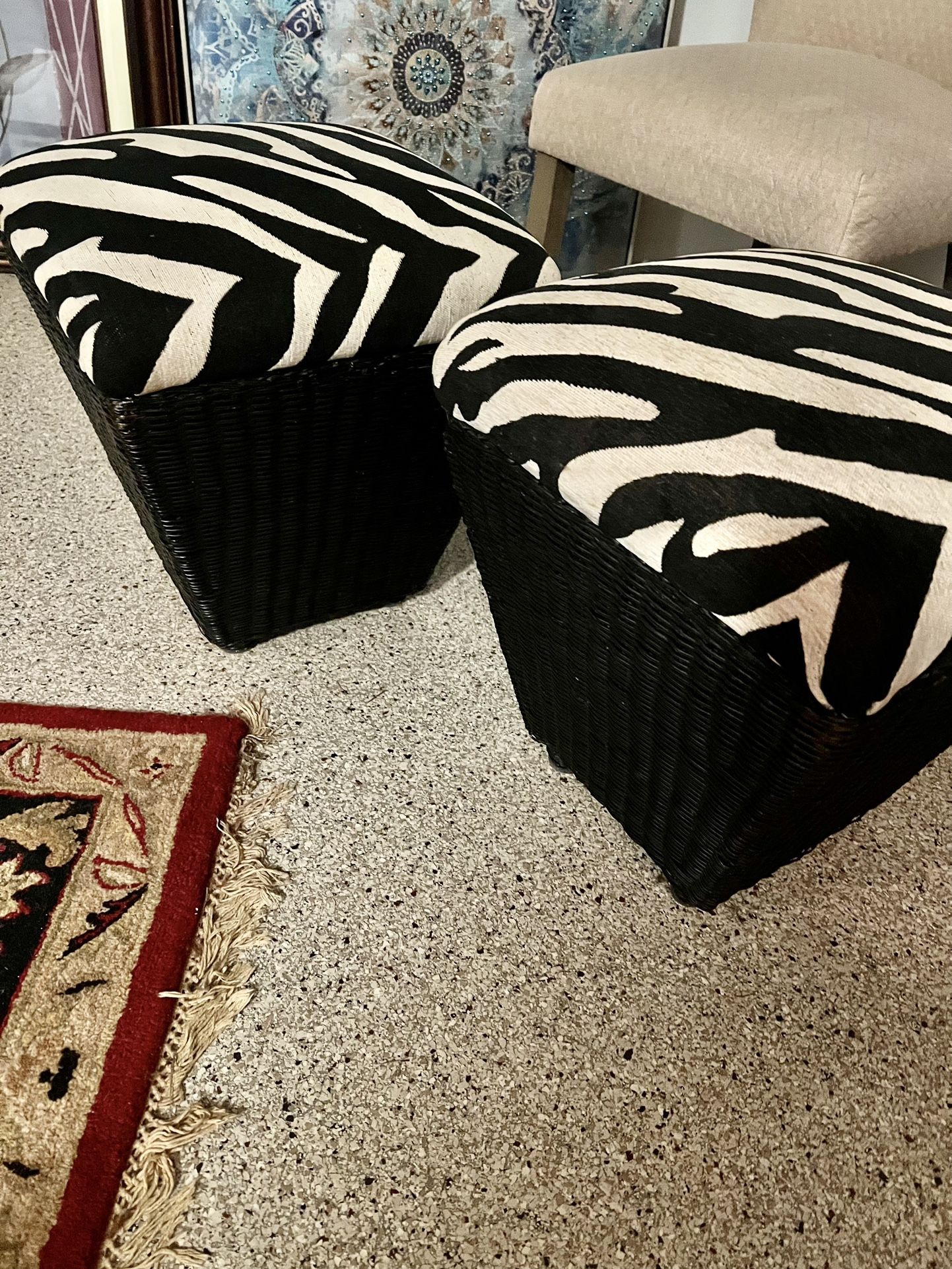 Pair Of 16 X 16 X 17 H Footstools Zebra Design And wicker Bases for