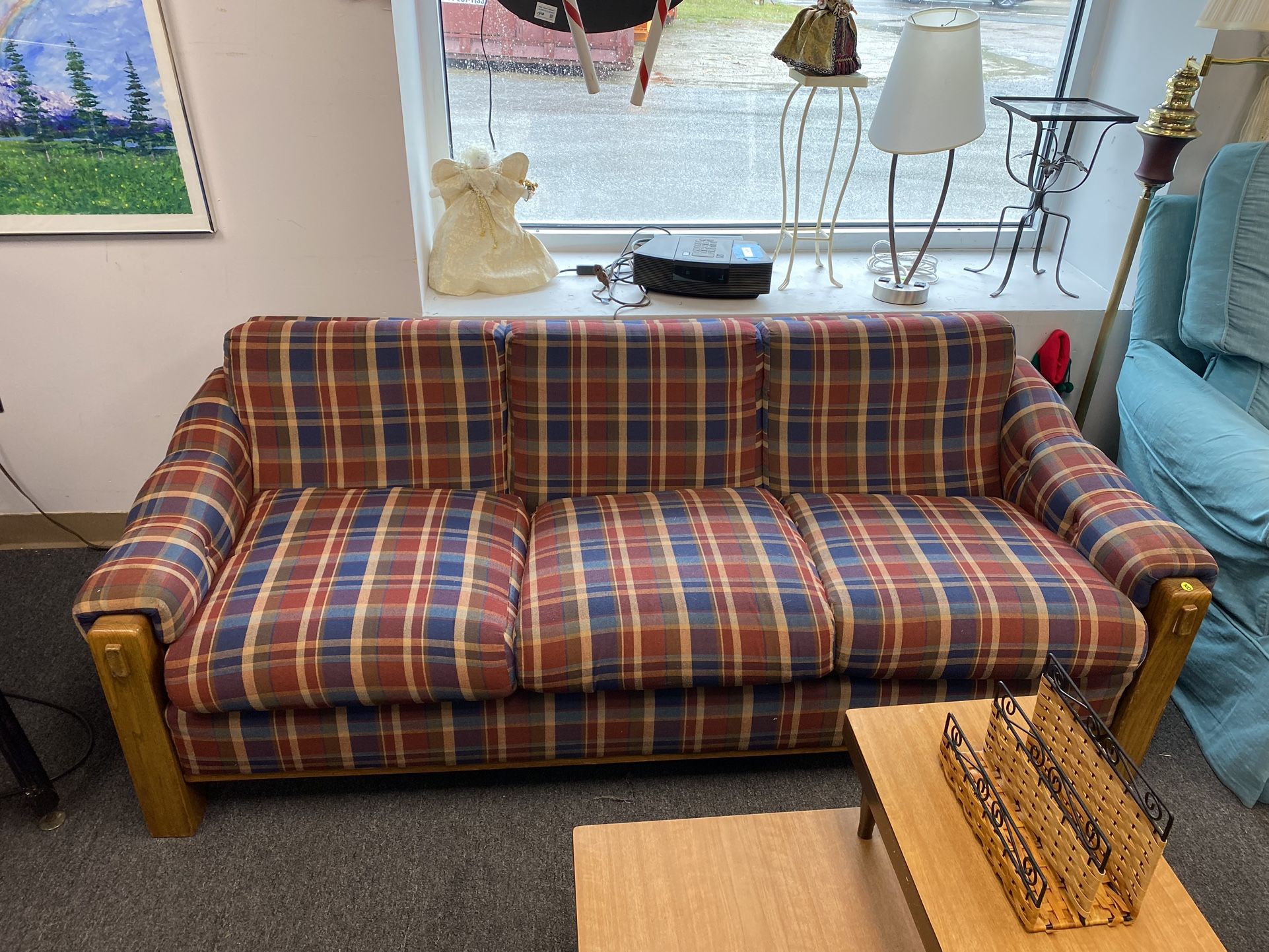 Red & Blue Checkered Fabric Wood 3-Seat Sofa Couch $100