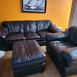 Brown Leather Sofa, Chair, And Ottoman 