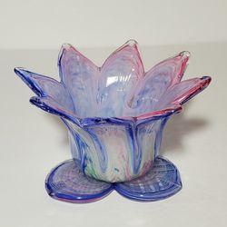 Art Glass Flower Shape Tealight Candle Holder Blue Pink 