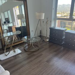 $70 Modern Gold Metal Glass Bar Table (42” L x 32”H) , $60 Coffee Table (32” Diameter), $50 Candelabra, $40 Modern Floor Lamp