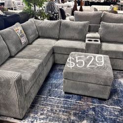 4-pc Sectional Sofa With Ottoman Grey Corduroy New