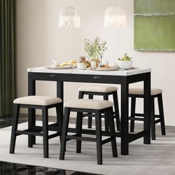 5-Pc  Black Counter Height Dining Set w/ Faux Marble (2-Drawer) Dining Table + 4-Padded Stools  [NEW] **Retails for $320 <<Assembly Req>> 