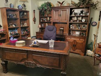 Large desk carved wood, very heavy chair and extra large 3 piece. Shelf behind for your computers and your books, all one said they all match, perfect