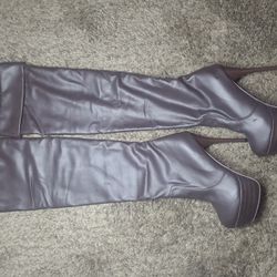 Brown Leather Platform Knee High Party Boots