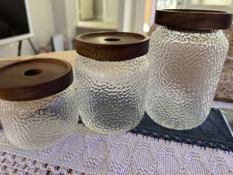 Set of 3 little glass jars with wood lids!!!