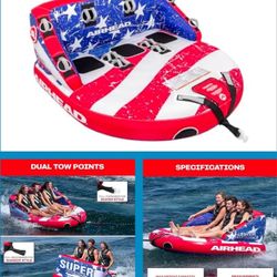 Airhead Super Mable 3 Person Towable Tube Inflatable Boat Dual Tow USA Stripes!