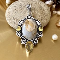 Jasper And Citrine 925 Sterling Silver Overlay Handcrafted Pendant