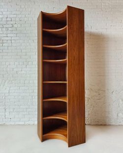 Mid-Century Modern Teak Bow-Front Corner Shelving Unit