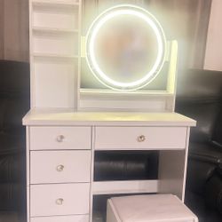 White Makeup Vanity Set w/ Round Mirror