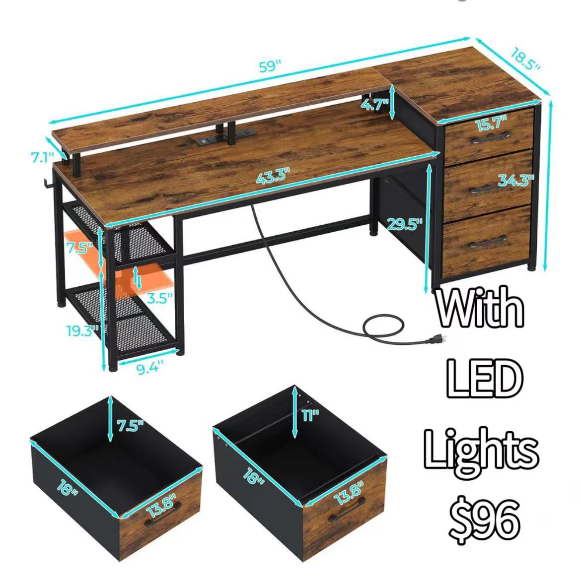 😀 59 Inches Reversible LED Gaming Desk With File Drawers, Brown