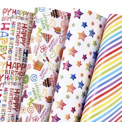 Brand New! PlandRichW Birthday Wrapping Paper 12 Sheets Folded Flat for Kids, Boys, Girls, Adults.Includes Happy Birthday, Star, Rainbow, Cake 4 Color