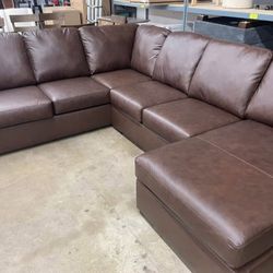 Contemporary Almost Cocoa Brown Leather Sectional Couch With Chaise 