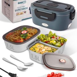 Heated Lunch Box, 80W Electric Lunch Box with Two 1.5L Stainless Steel Interchangeable Containers 