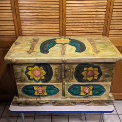 Carved Wood Painted Chest with 2 Drawers 