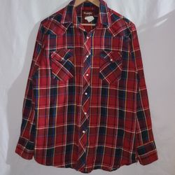 Wrangler Western Plaid Red Pearl Snap Long Sleeve Shirt Size L