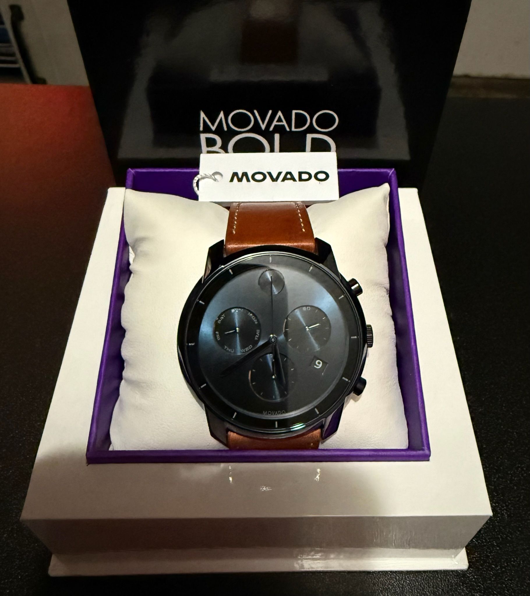 (Brand New) Movado Bold Chronograph Watch // Blue & Brown Leather