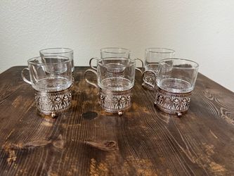 Set of 6 Glass Tea Cups with Silver Metal Holders