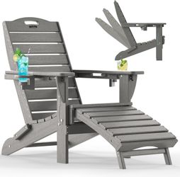 Folding Adirondack Chair with Retractable Ottoman Fire Pit Patio Chair with Pull Out Foot Rest Weather Resistant Lawn Outdoor Lounge Chair with 2 Cup