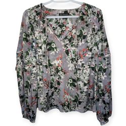 INC International Concepts Tie V Neck Grey Floral Textured Blouse